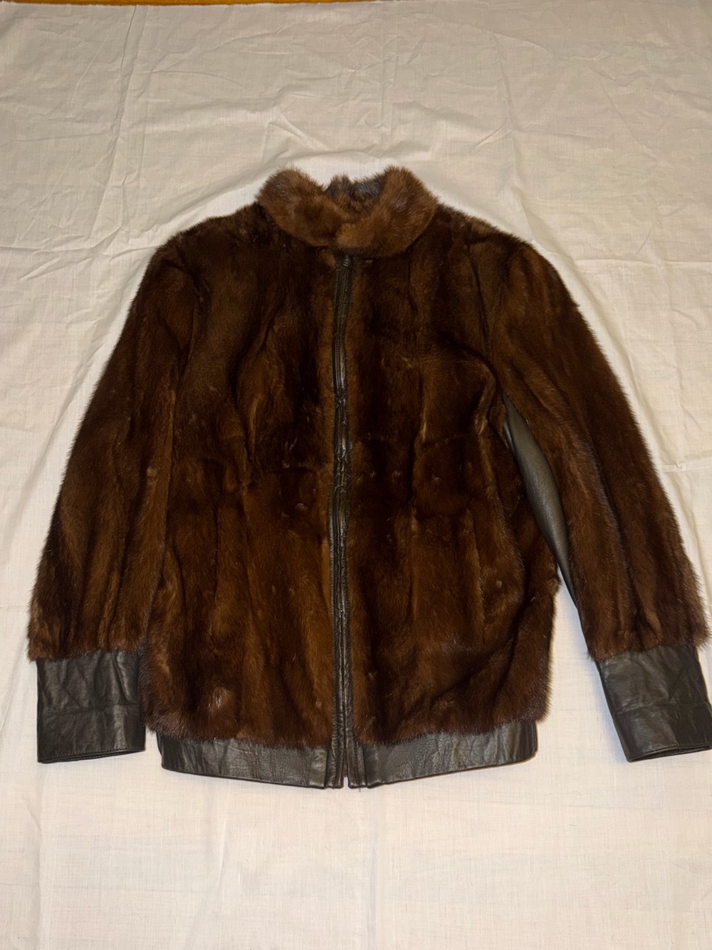Men's Brown Fur Bomber Jacket with Leather Trim